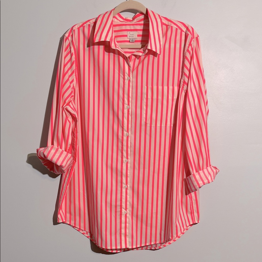A New Day Neon Pink Striped Button Down Long Sleeve Shirt Women’s Large Collared
